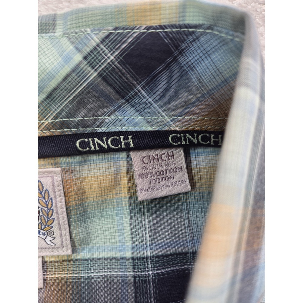 Cinch Men's M Plaid Western Shirt Blue Orange Button Down Rodeo Ranch 100% Cott - Picture 3 of 5
